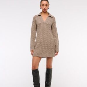 Abercrombie & Fitch Long Sleeve Collared Cable Mini Sweater Dress Tan Knit Brown
